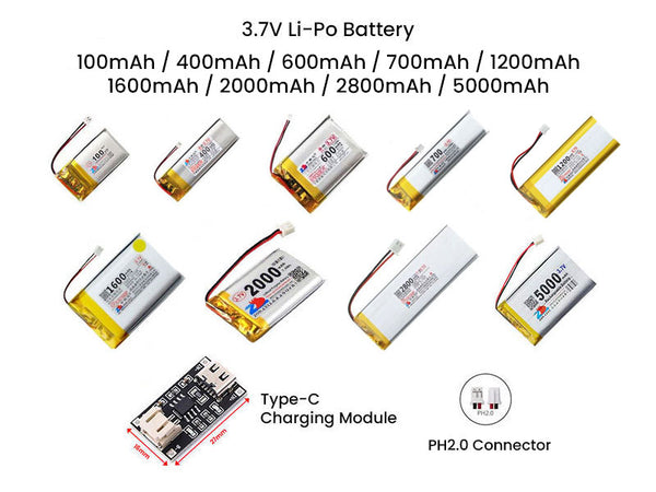 3.7V Li-Po Lithium Polymer Battery 100mAh 400mAh 600mAh 700mAh 1200mAh 1600mAh 2000mAh 2800mAh 5000mAh