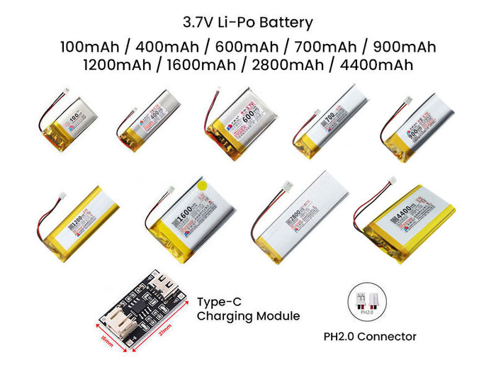 3.7V Li-Po Lithium Polymer Battery 100mAh 400mAh 600mAh 700mAh 900mAh 1200mAh 1600mAh 2800mAh 4400mAh