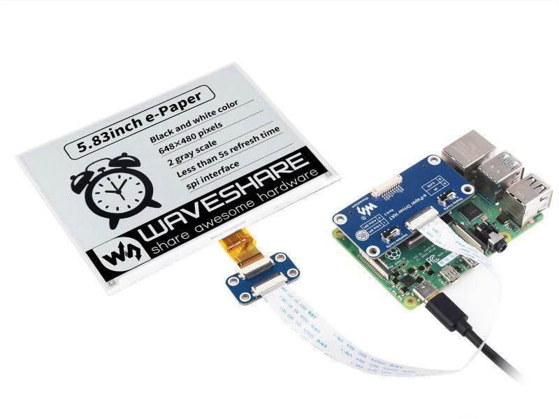 5.83inch E-Paper E-Ink Display HAT For Raspberry Pi, 648×480, Black / White, SPI