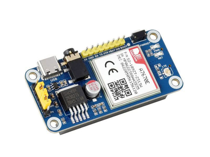 A7670E LTE Cat-1 HAT for Raspberry Pi, Multi Band, 2G GSM / GPRS, LBS, for Europe, Southeast Asia, West Asia, Africa, China, South Korea