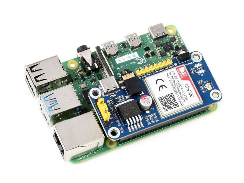 A7670E LTE Cat-1 HAT for Raspberry Pi, Multi Band, 2G GSM / GPRS, LBS, for Europe, Southeast Asia, West Asia, Africa, China, South Korea