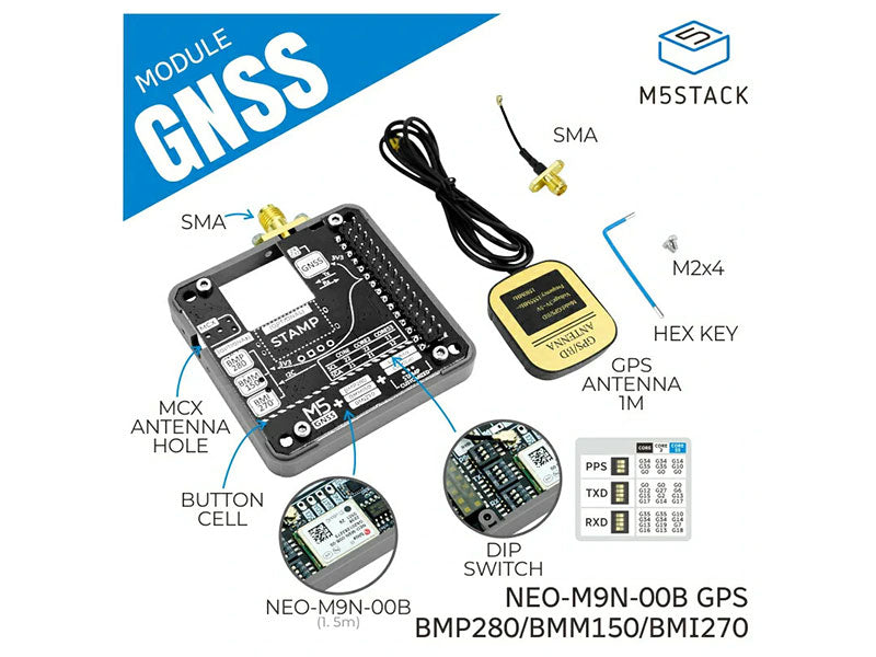 GNSS Module with Barometric Pressure, IMU, Magnetometer Sensors (NEO-M9N, BMP280, BMI270, BMM150)