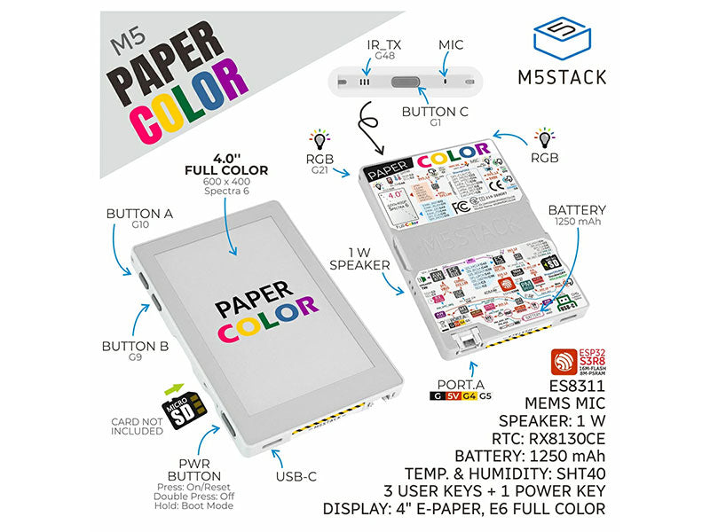 M5Paper Color ESP32S3 Dev Kit (600x400, 4" SPECTRA 6 eInk Display)