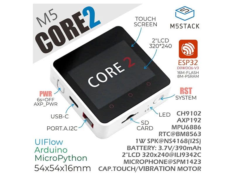 M5Stack Core2 ESP32 | 2" Touch LCD WiFi IoT Dev Kit - Kuriosity
